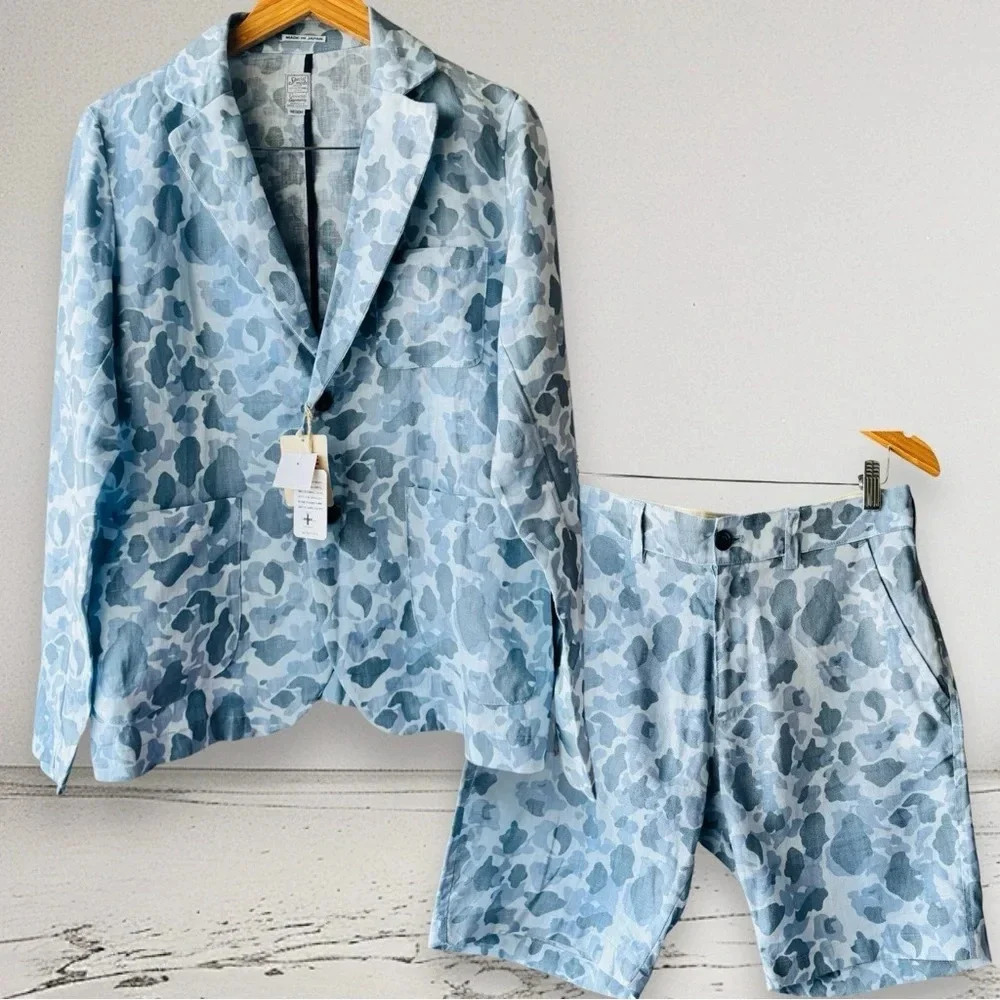 Japanese Linen Mens Blue Camouflage 2pc Matching Set Blazer and Short Size M